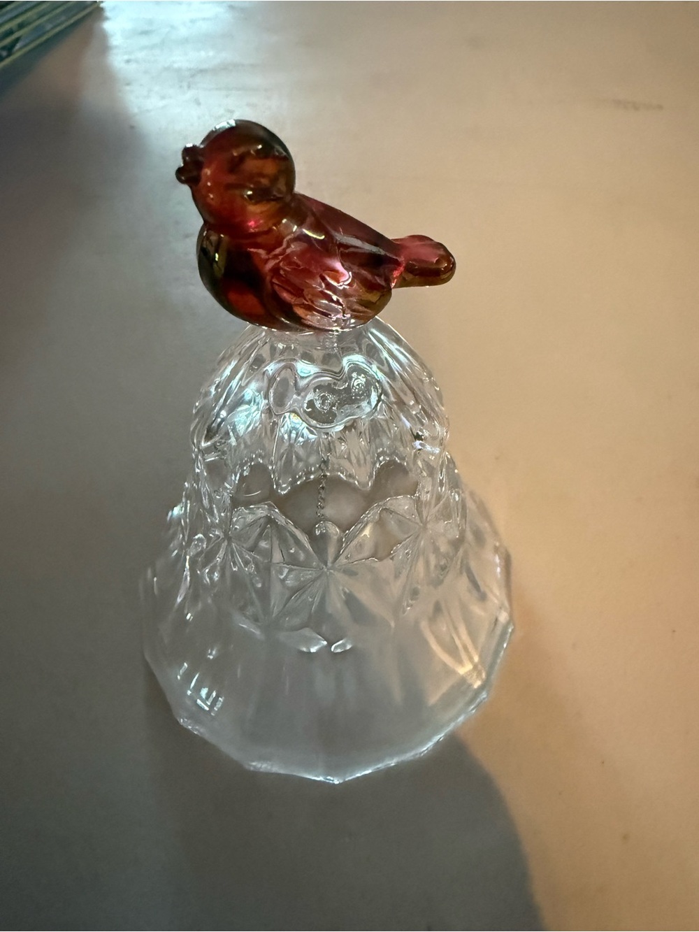 Amber-Red Glass Bird Decorative Bell - Clear Patterned Glass